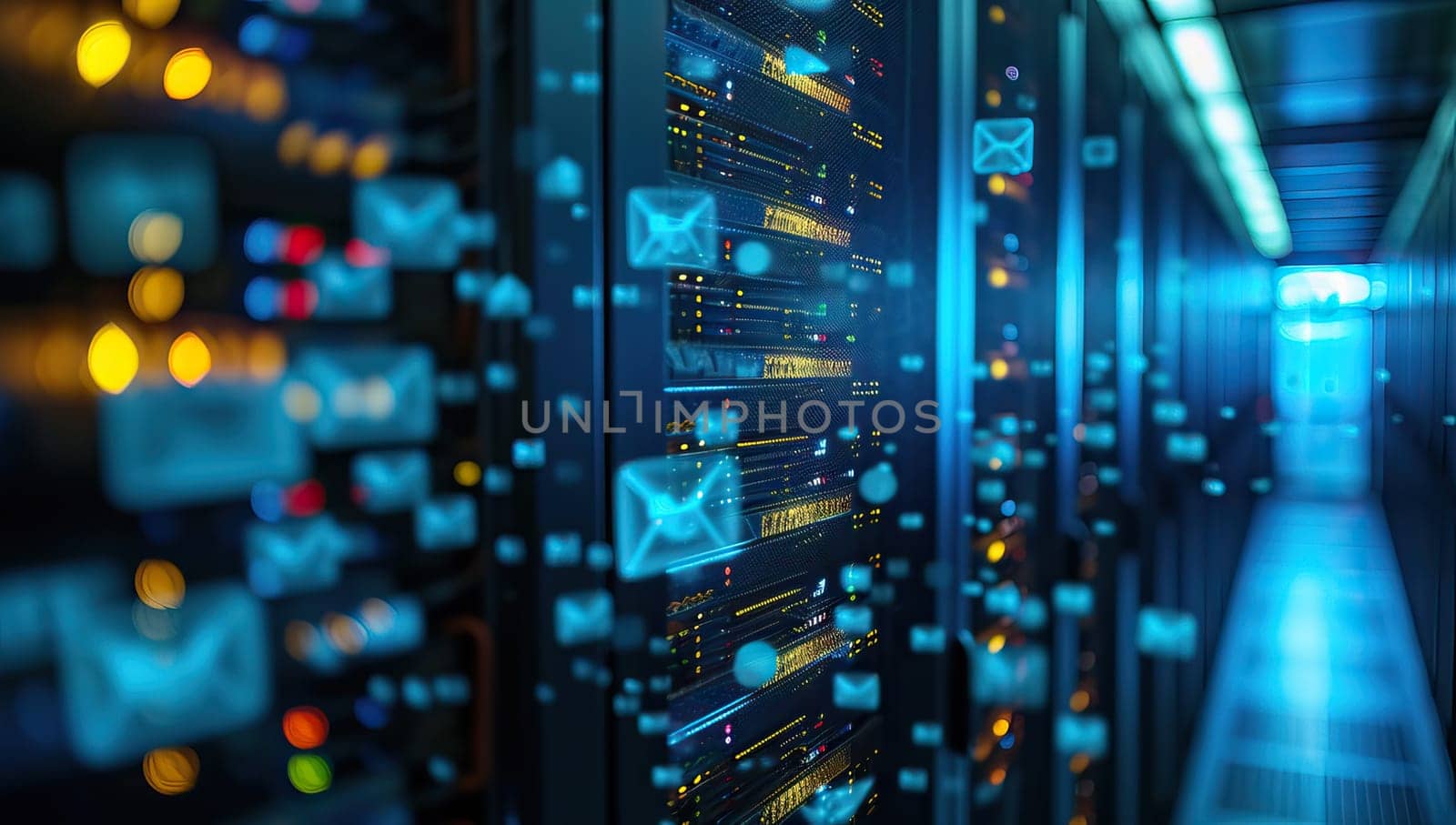 Server room data center. Backup, mining, hosting, mainframe and computer rack with storage information.