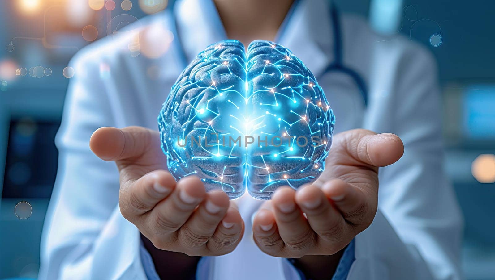 Female doctor analyzing holographic brain projection