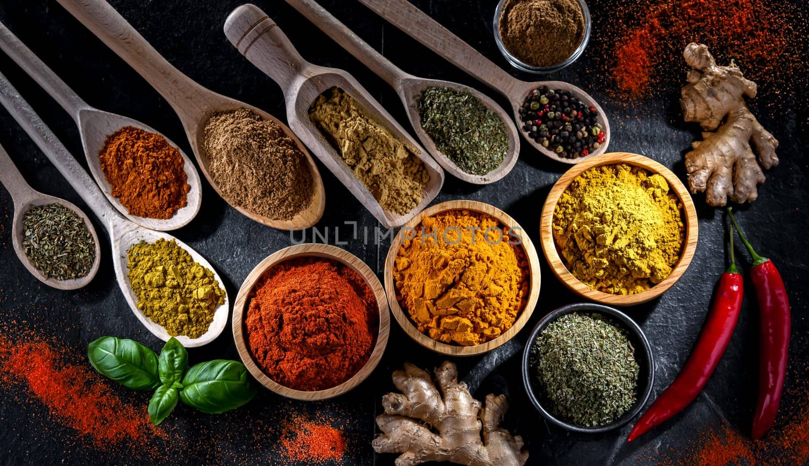 Composition with assortment of spices and herbs.