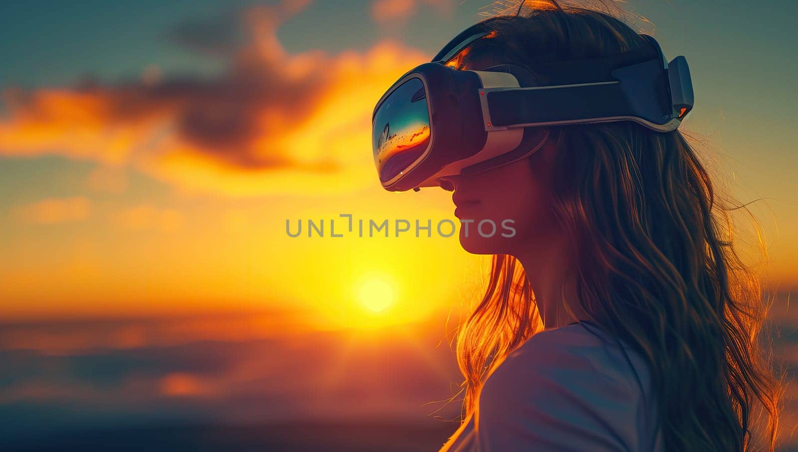 Young woman wearing virtual reality goggles on the beach at sunset. Future technology concept