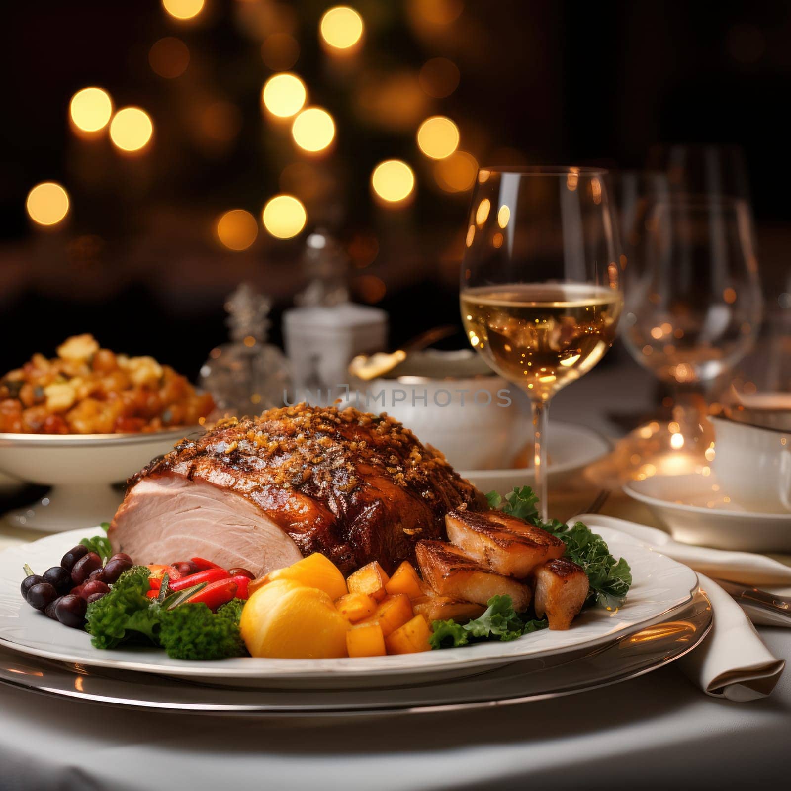 roll baked on the grill with vegetables and herbs on a platter. festive table setting against the backdrop of illumination.