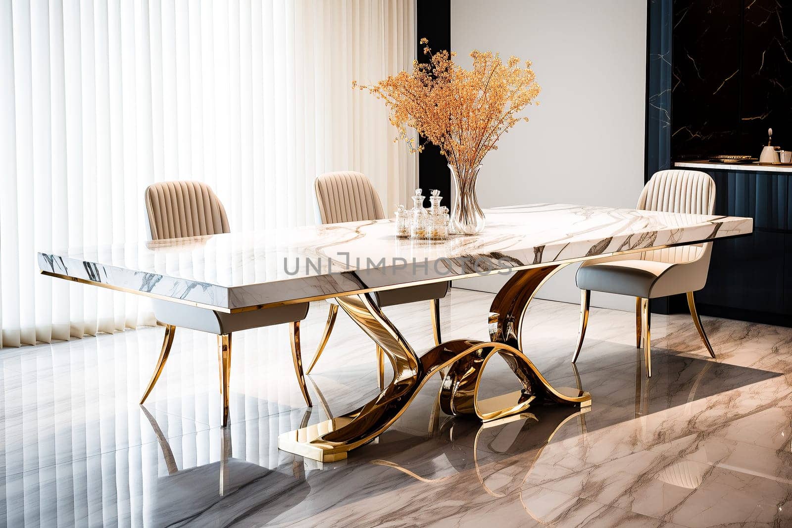 Modern Dining Elegance.A chic dining area with a grand golden centerpiece on an elegant marble table, framed by a large window.