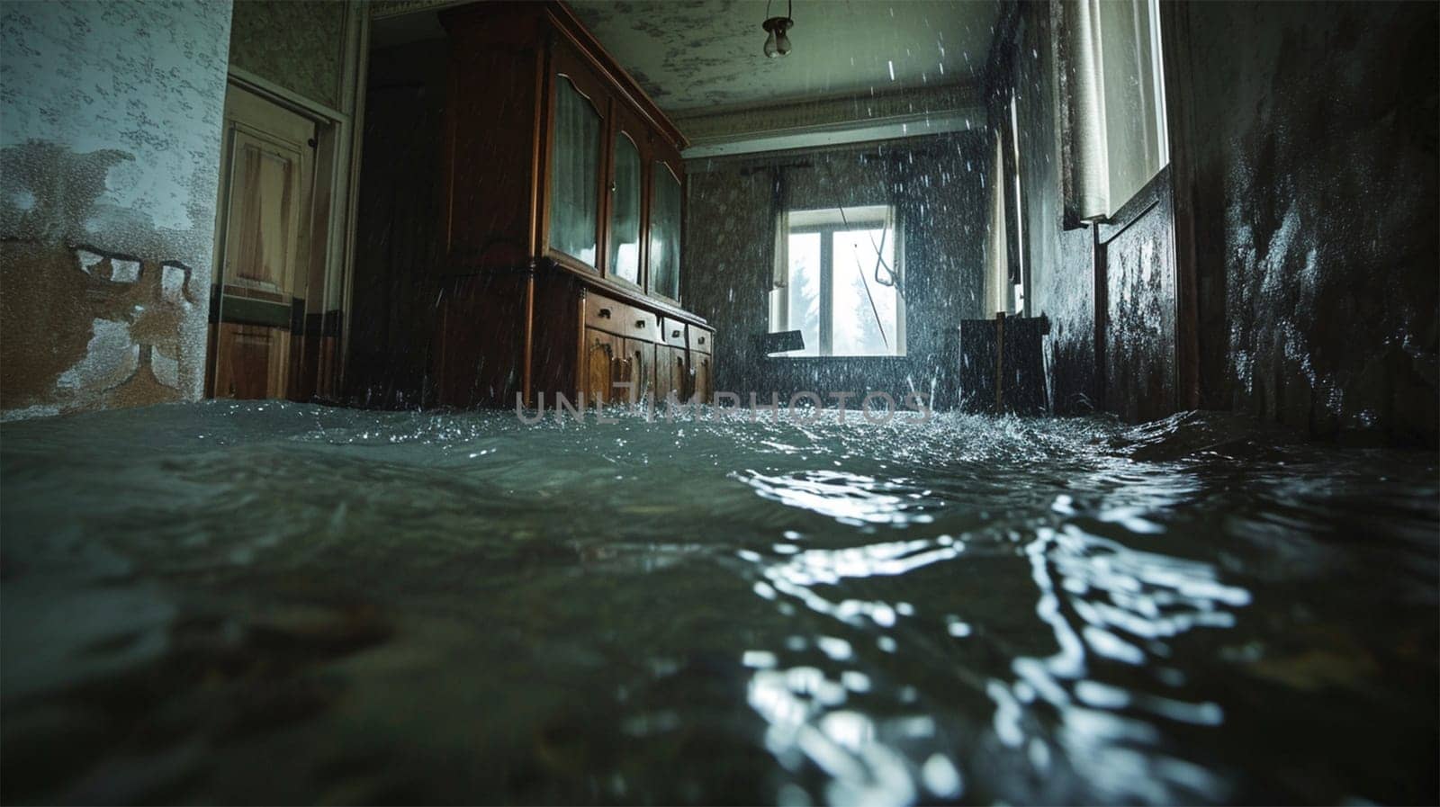 Flooded old kitchen, causing a feeling of abandonment and decay. Natural disasters