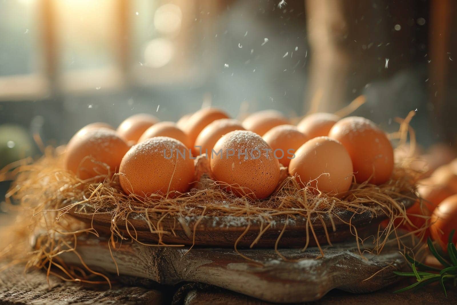 Brown eggs on straw nest in morning light, a symbol of organic farm life.