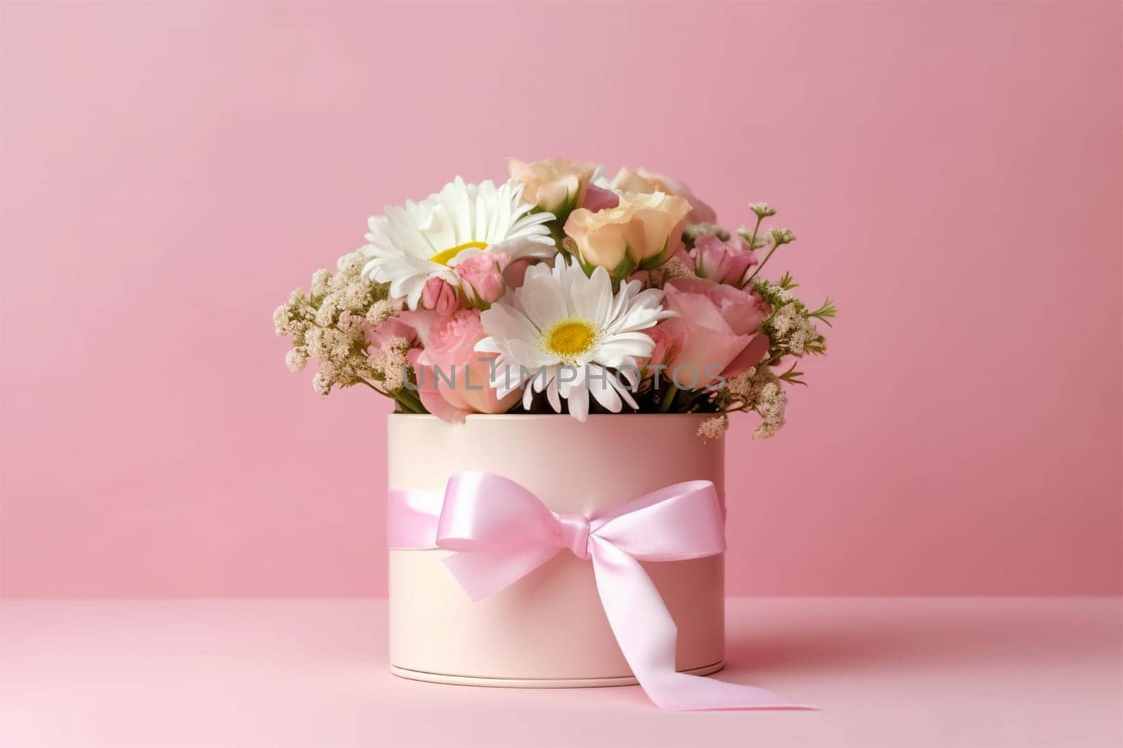 A soft pink gift box adorned with a satin ribbon and filled with a delicate arrangement of fresh flowers.