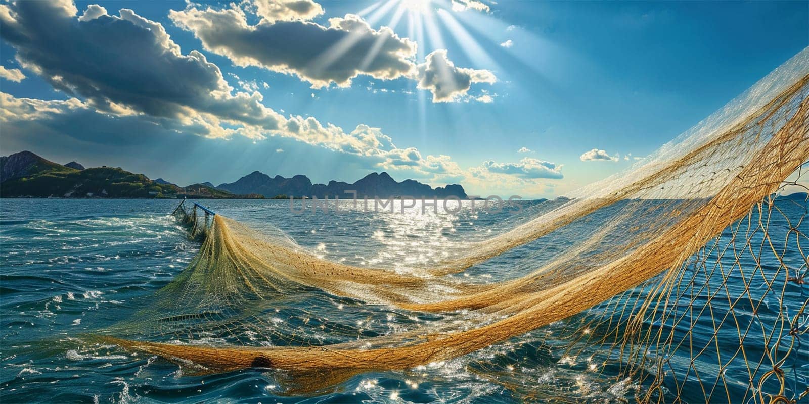 fishing net at sunny day . Golden fishing net cast on shimmering sea waters with radiant sun and mountains in the backdrop.