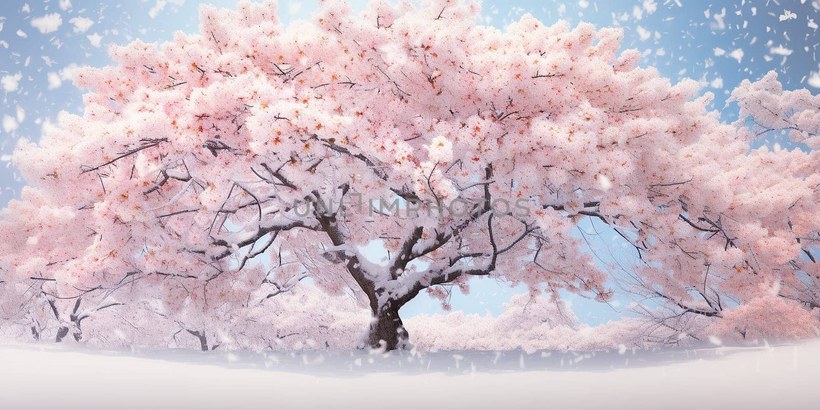 Cherry Blossom Tree in Snowfall. A dreamy scene of cherry blossoms covered in snow, blending winter and spring elements.