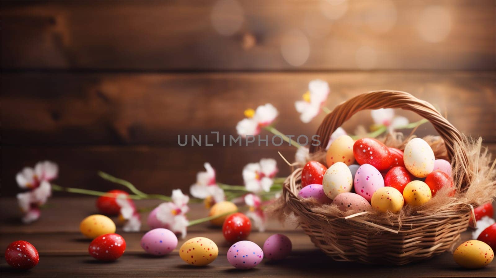 Painted Easter eggs in a basket on a rustic table.Colorful Easter Celebration