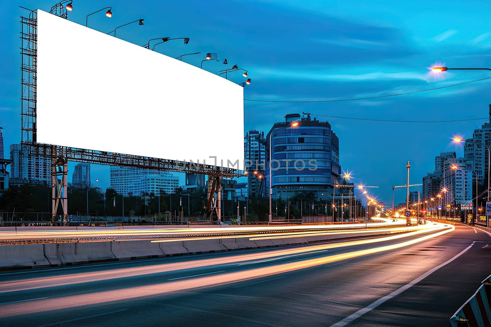 A blank billboard ready for advertising along a bustling city street illuminated by streetlights and traffic.