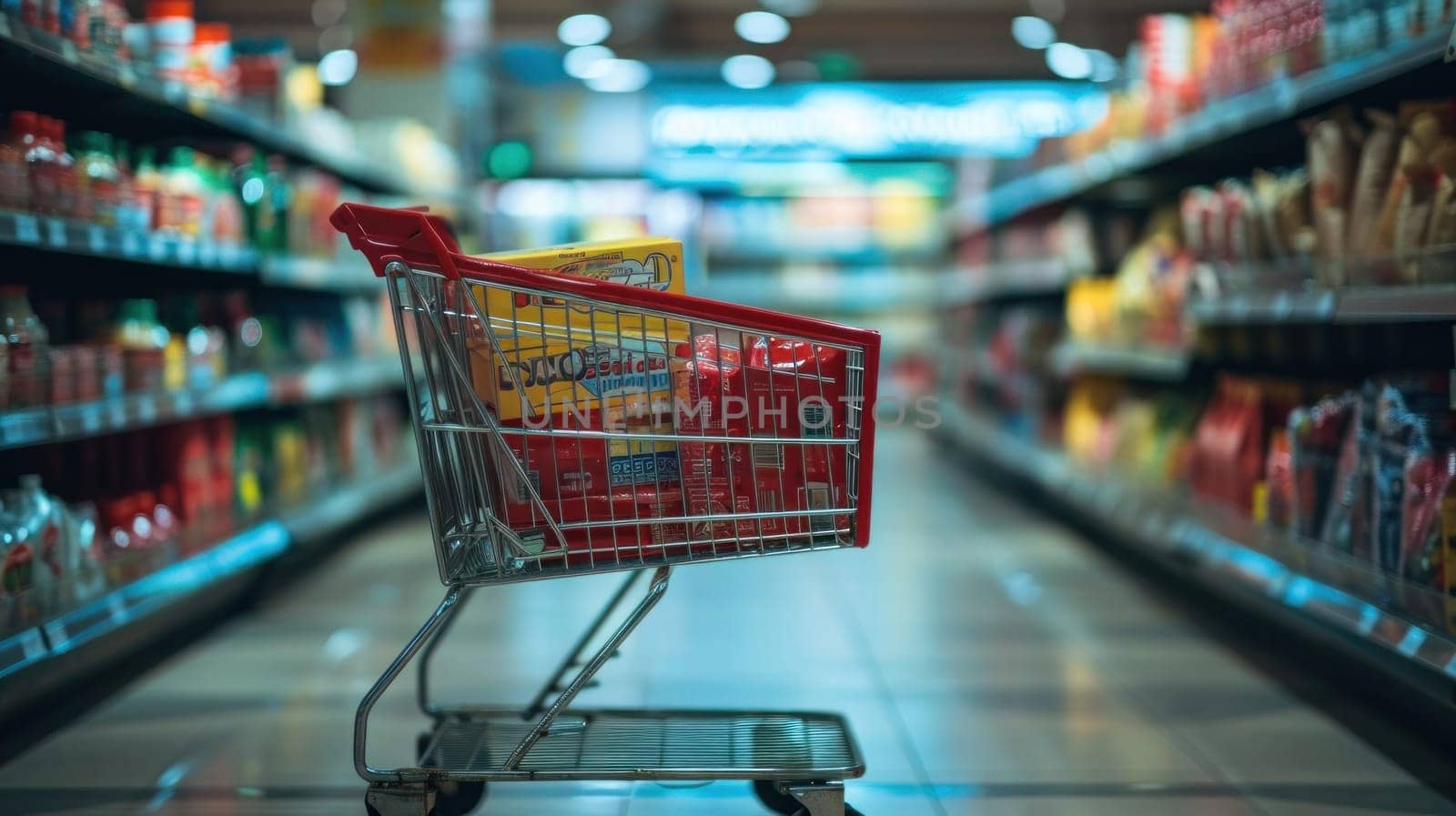 An abandoned shopping cart in the food aisle of a supermarket, symbolizing consumerism.