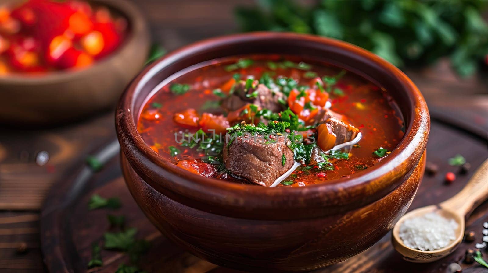 A warm bowl of beef borscht with fresh vegetables and herbs is ideal for a cozy lunch.