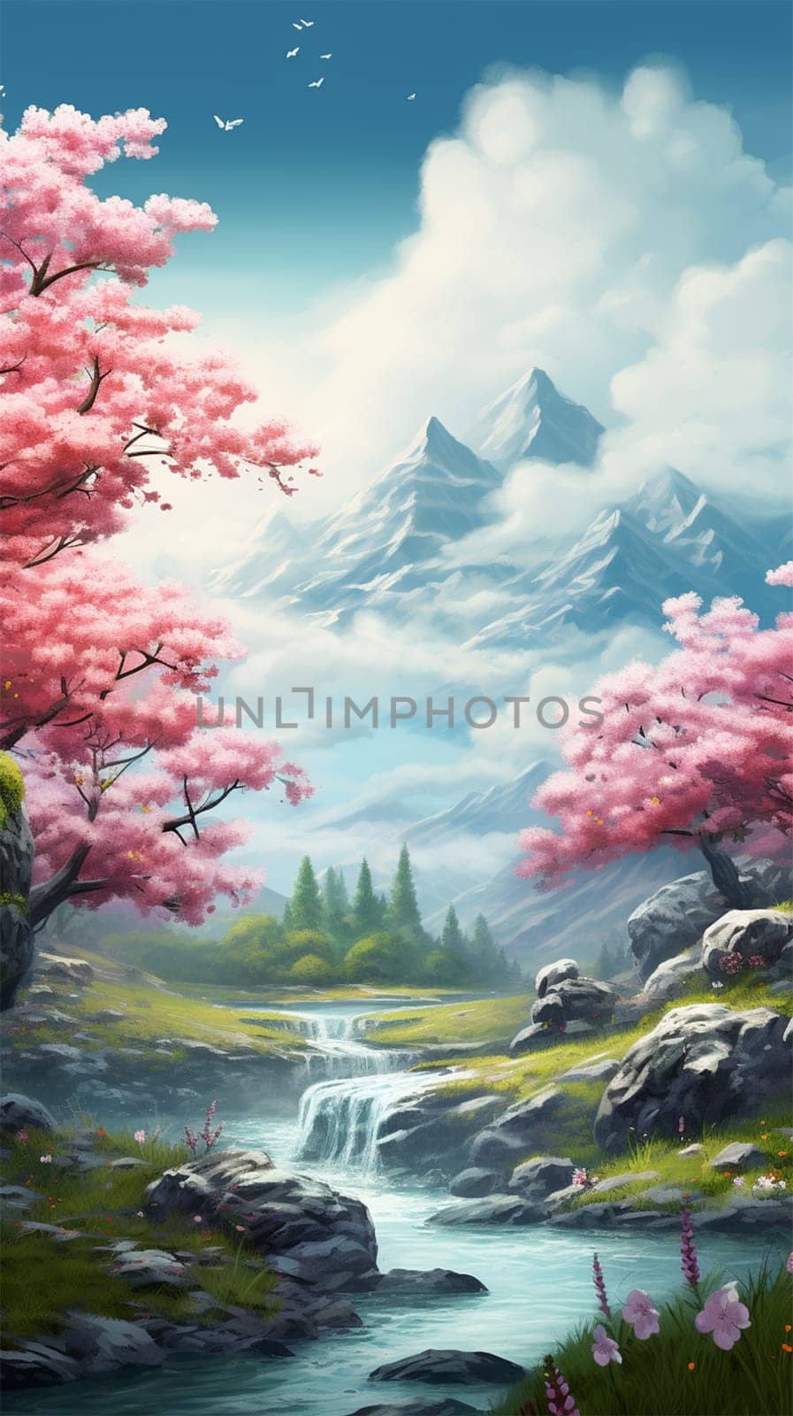 Artistic illustration of vibrant cherry blossom trees by a tranquil river.