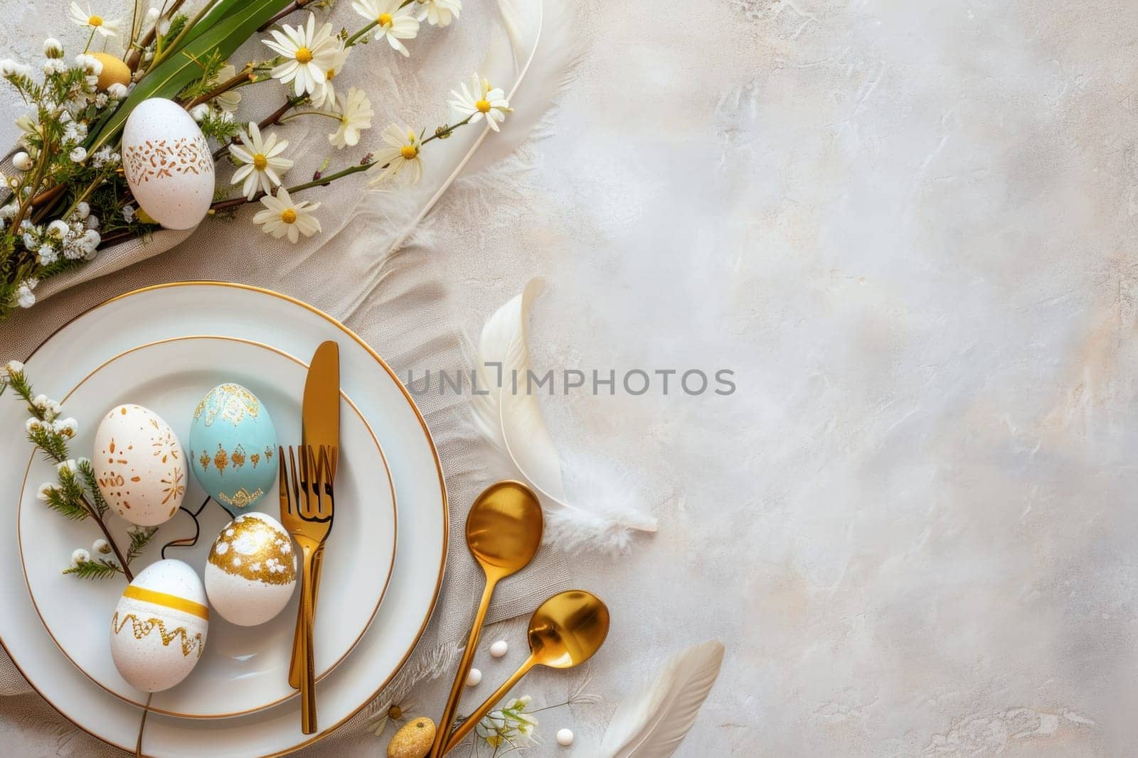 Happy Easter concept with golden table setting, easter eggs, feathers and spring flowers. Easter background with copy space.