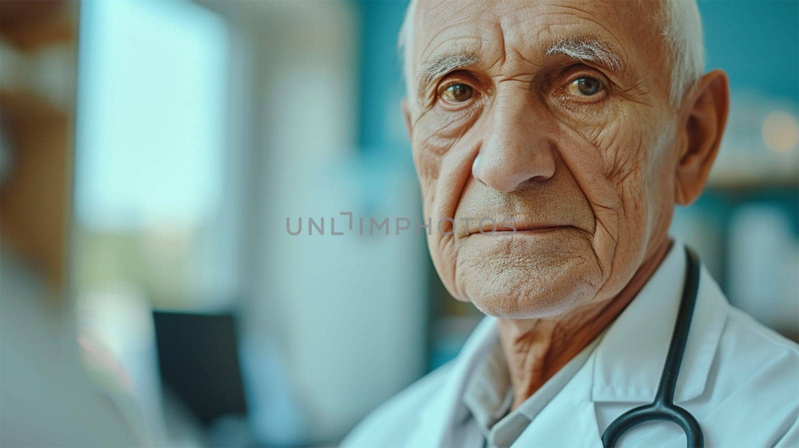 Senior male doctor with a stethoscope displaying a reflective expression.