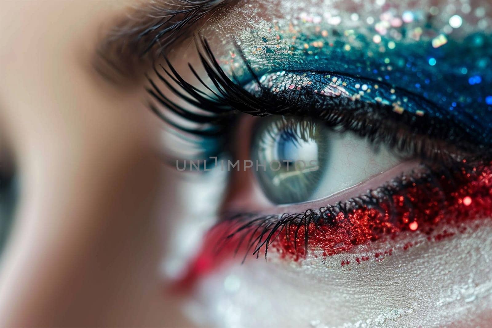 Macro shot of an eye with red, blue, and gold glitter makeup.