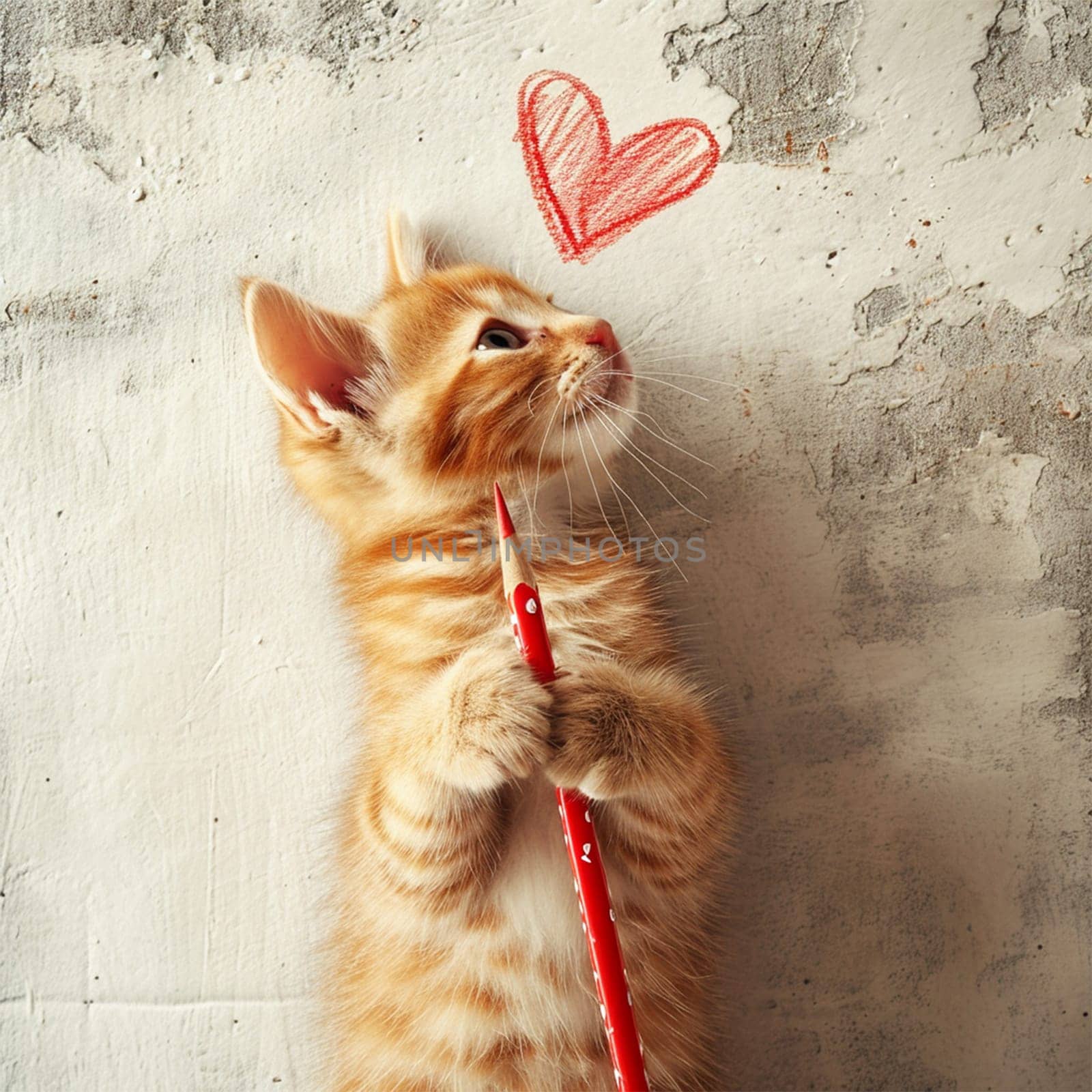 A red tabby kitten holds a pencil and draws a heart on the wall.