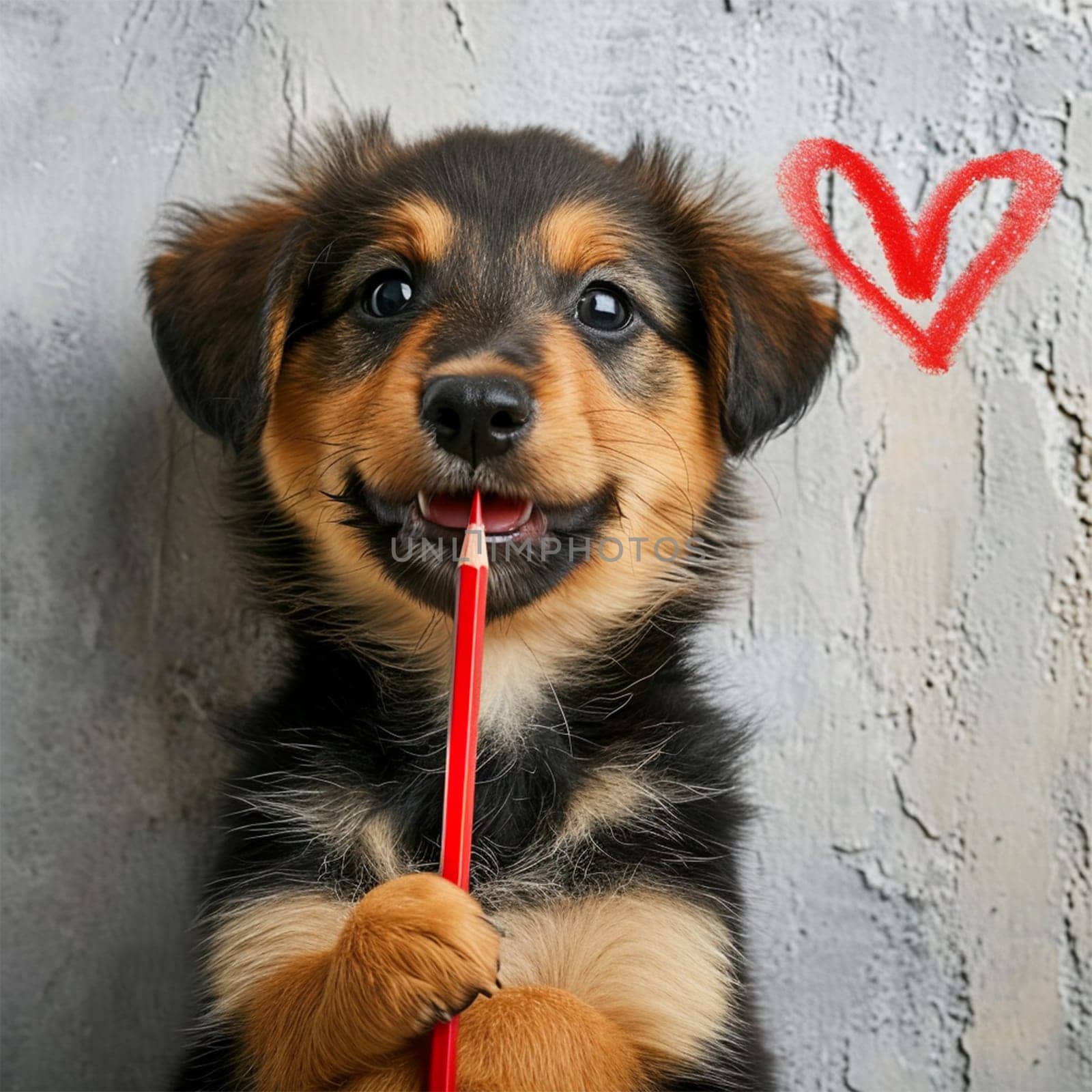 The puppy is playfully holding a pencil in its mouth, with a heart drawn on the wall above