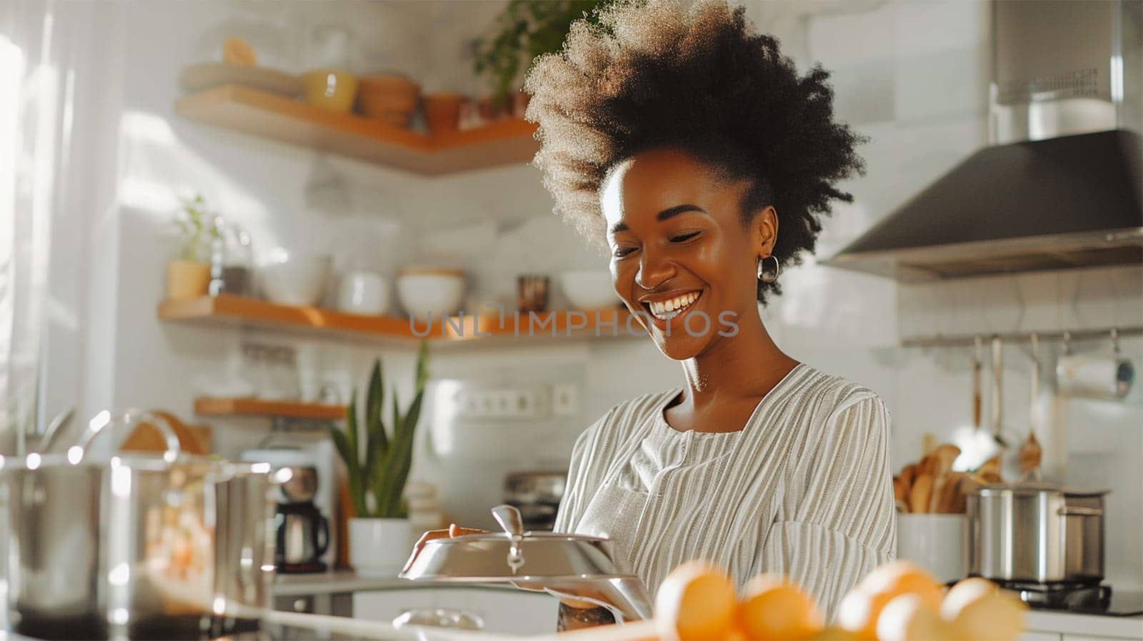 A woman with a beaming smile preparing a meal in a sunlit kitchen.