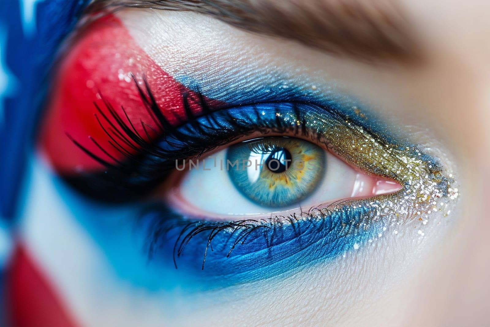 Creative Patriotic Eye Makeup Close-up .Macro shot of an eye with red, blue, and gold glitter makeup.