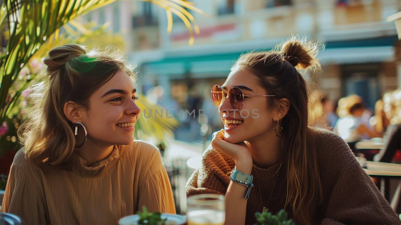 photo of two young happy women in a street cafe, sunny day .Two young women smiling and chatting at a sunny outdoor cafe table