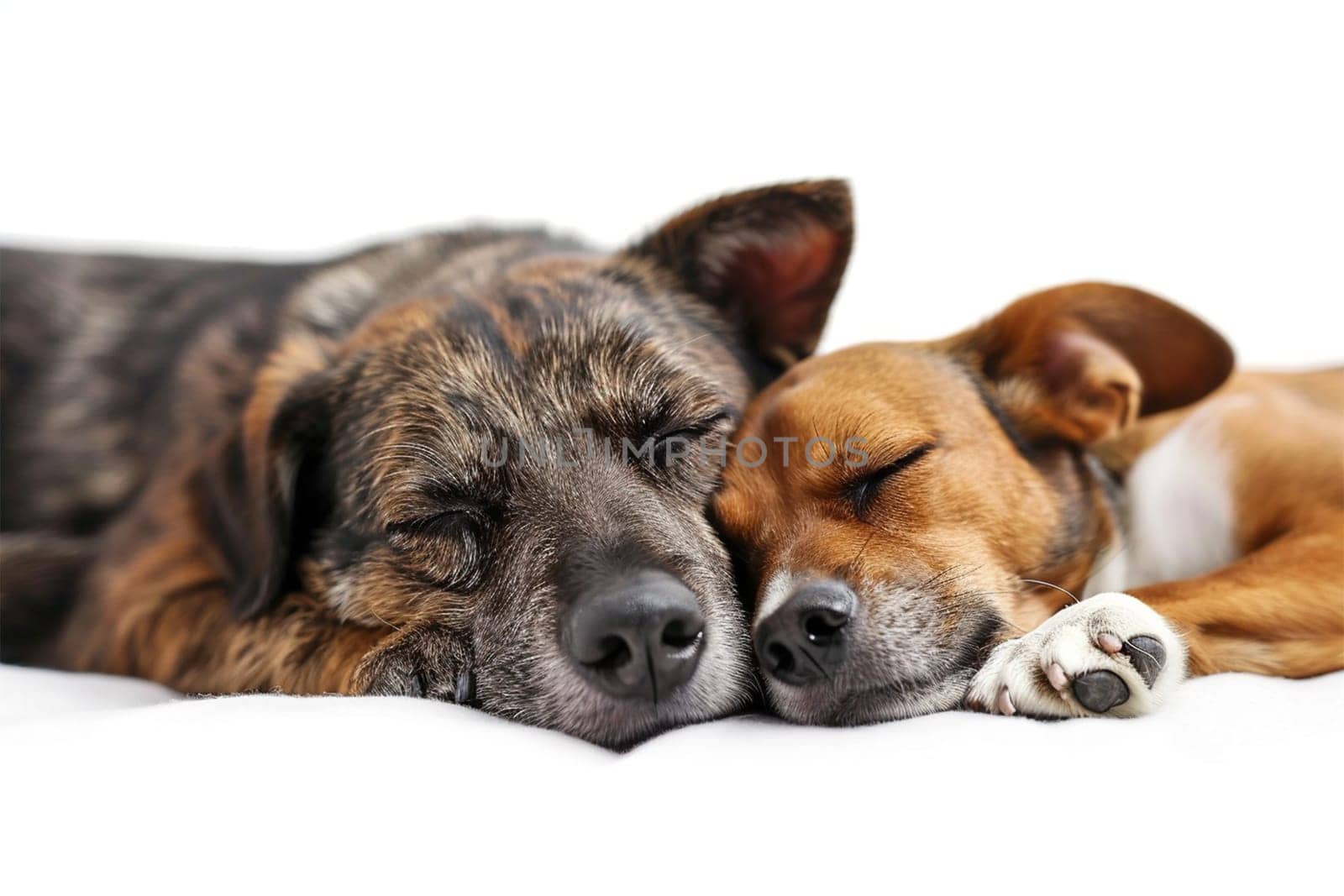 Two peaceful dogs sleeping nose to nose., isolated on white