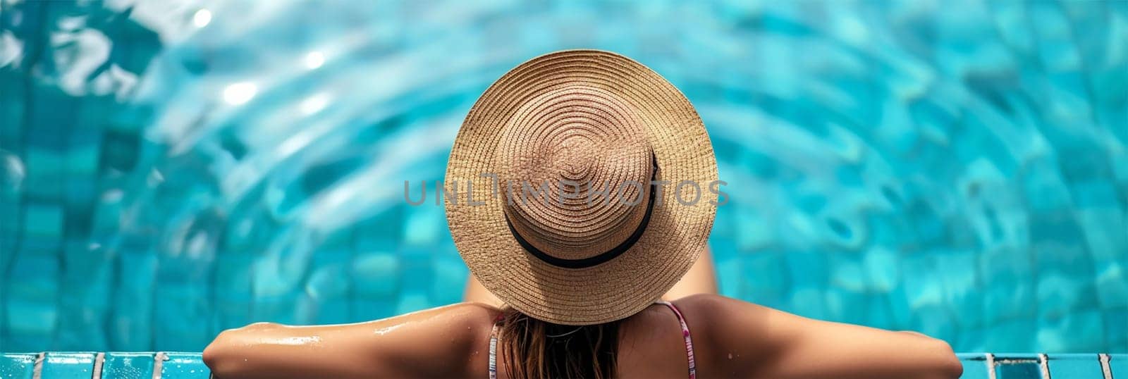 Woman in sun hat enjoys tranquility by the pool, embodying leisure and summer vibes.