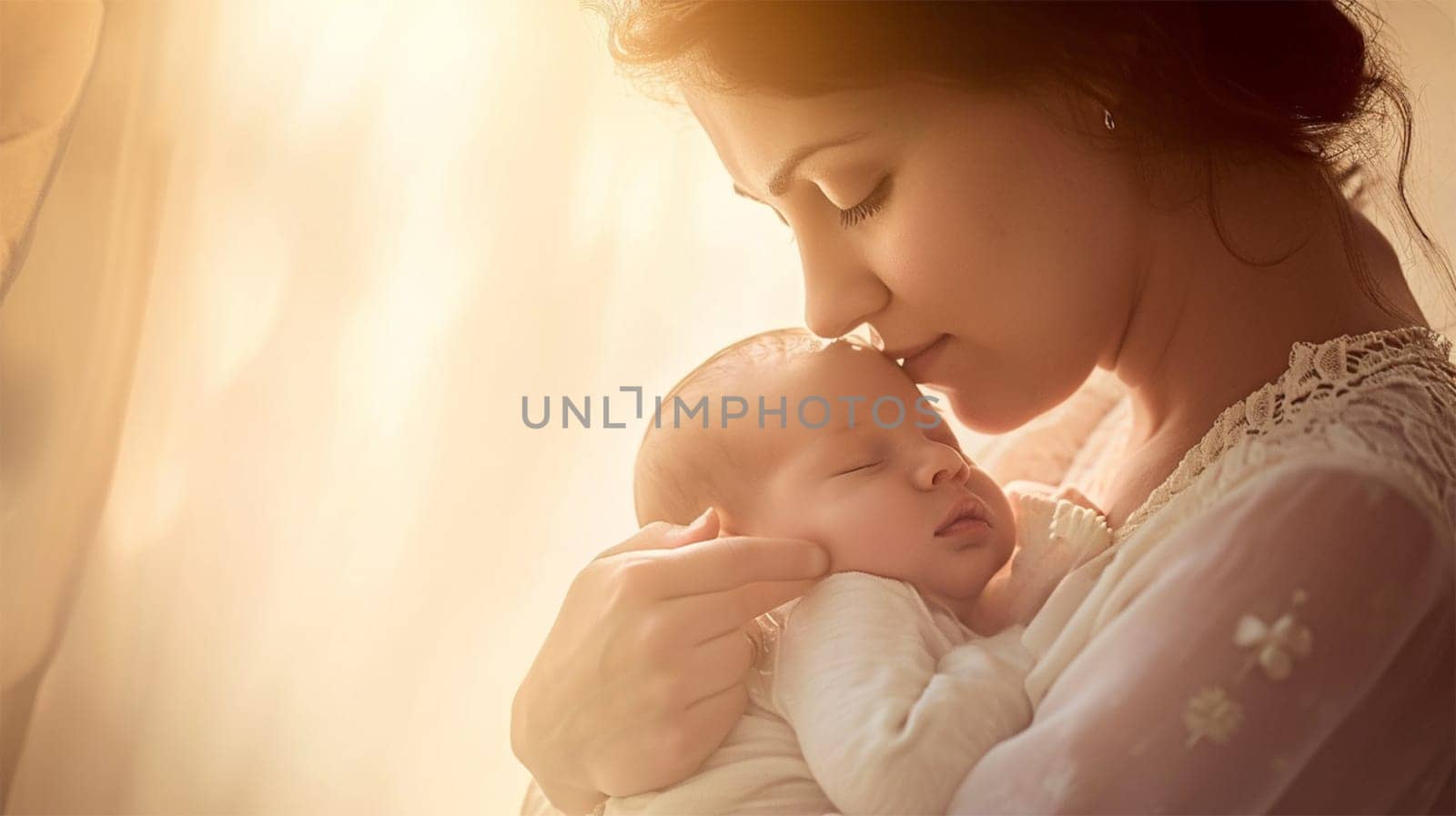 A mother tenderly touches her baby, wrapped in a soft blanket, against a light bokeh background.mothers Day