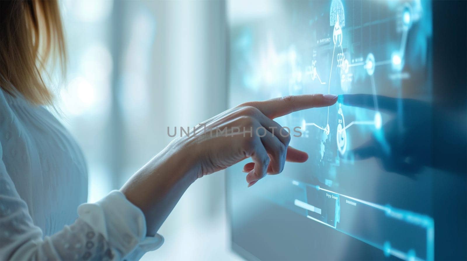 woman's hand working on a virtual screen. side view. Software for archiving, searching and managing corporate files.
