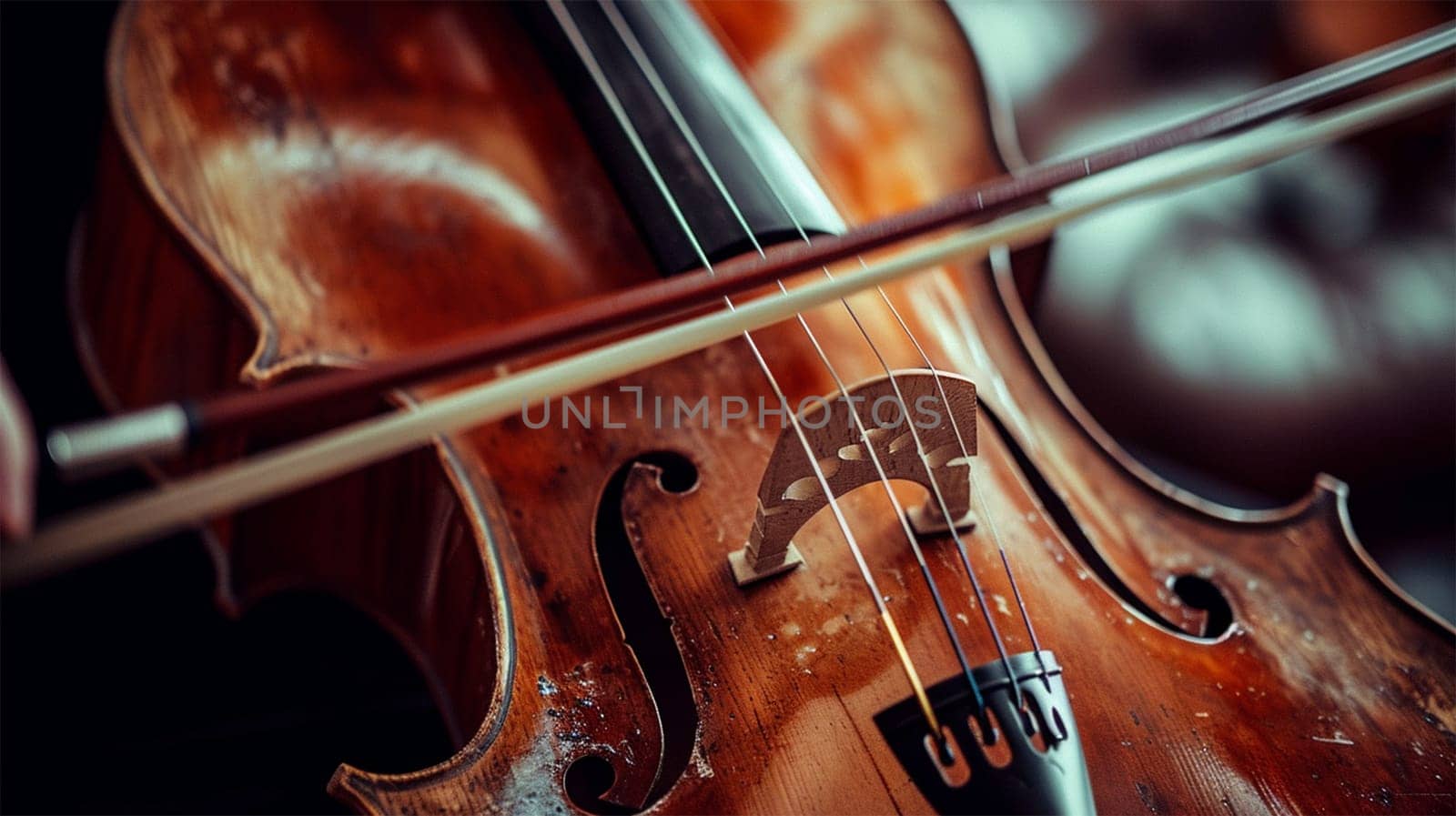 Close-up of a vintage violin and bow, highlighting the instrument's wood texture and strings.