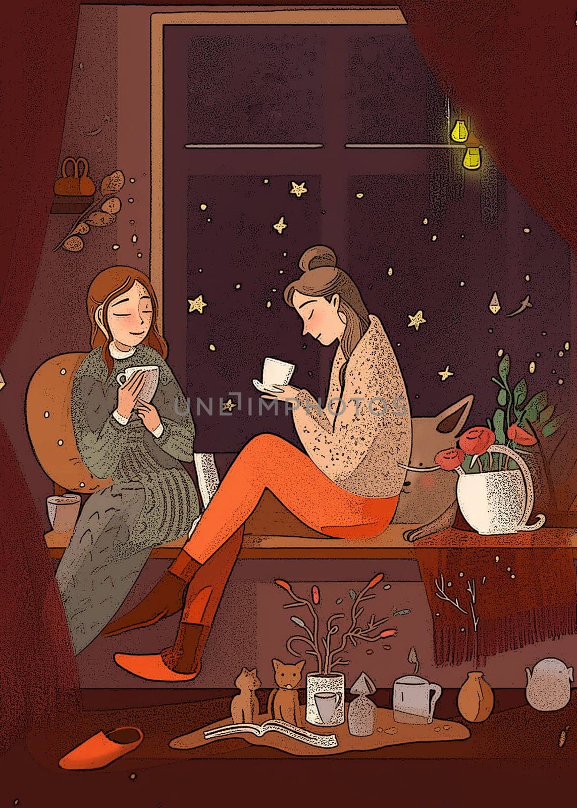 two girls in warm sweaters, surrounded by happiness and love, sitting at home on the windowsill. Cups of hot drink in their hands, the room is bright with garlands. Outside the window it is a winter night. A cute brown dog sits behind the girls and a vase of roses