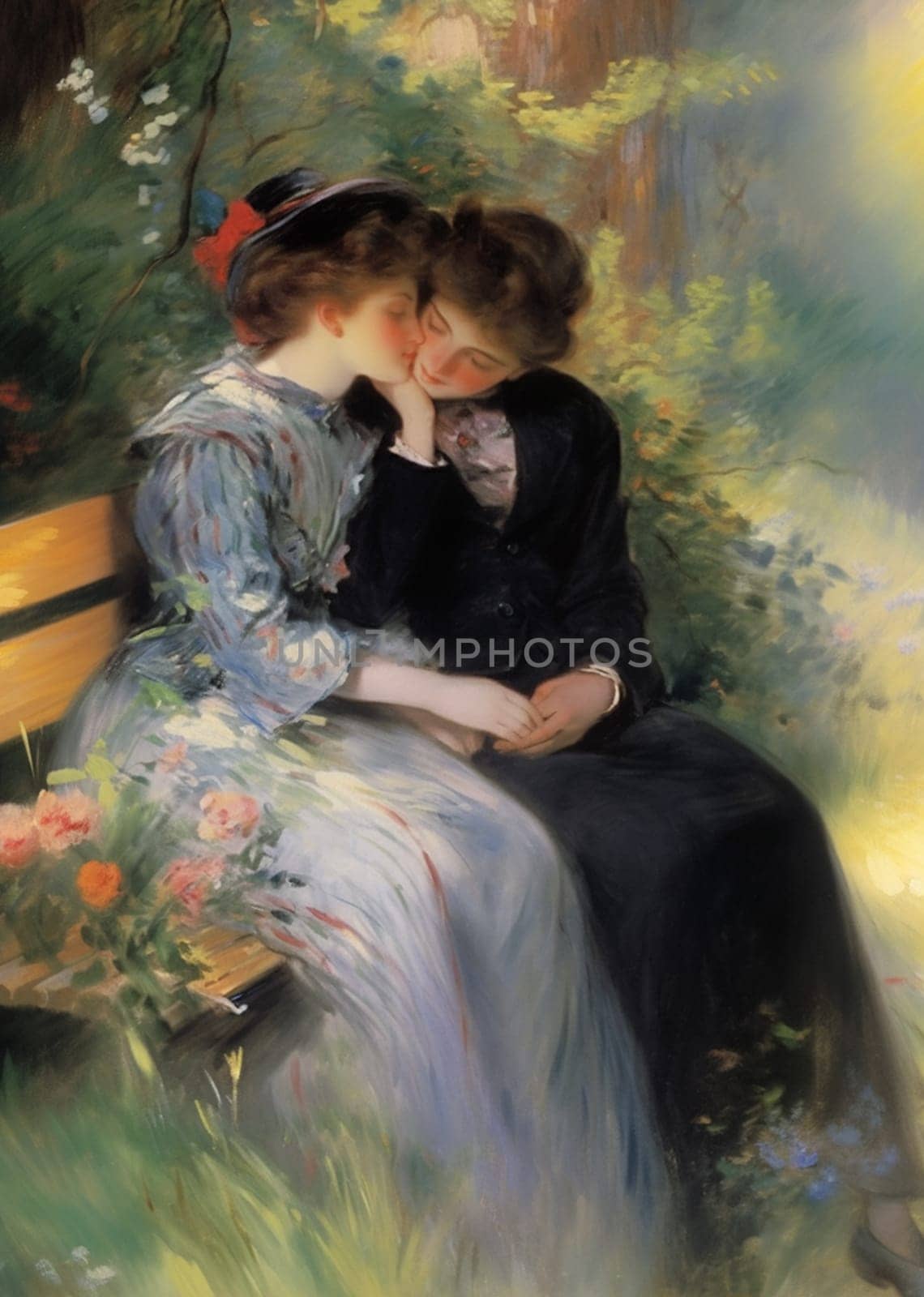Two young girls in enchanting 19th-century outfits on a park bench, exchanging tender kisses and caressing touches. This romantic and sincere moment of passion surrounded by lush flowers and greenery is as if captured by an impressionist painter. Perfect for a first date anniversary or a declaration of love.