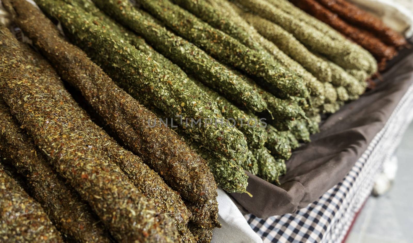 Detail of dried pork sausage in a market in the city