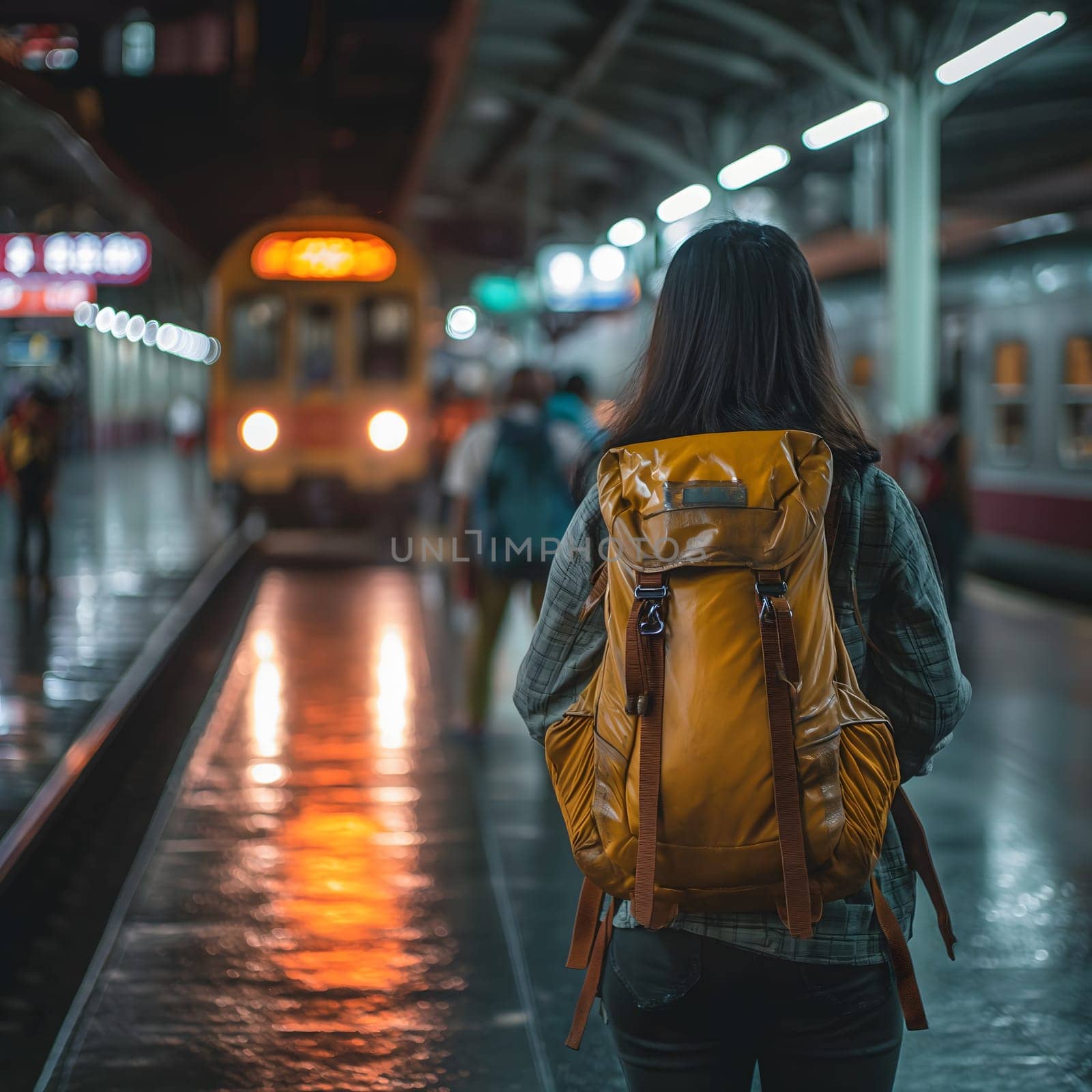 Sustainable tourism reduces global warming and saves money, traveling by train, Asia female tourist carrying a backpack, waiting for the train at the station, Generative Ai