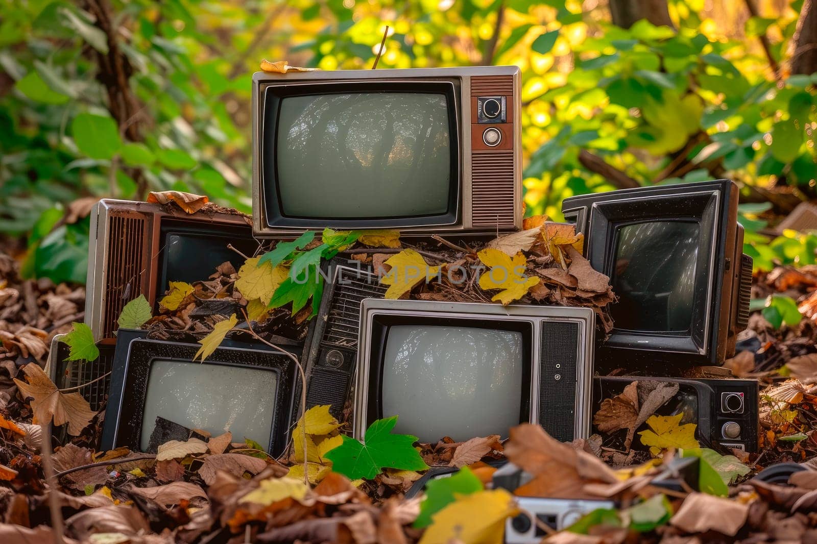 Pile of retro old televisions in the nature. Electronic waste  dumped in a forest. Environment problems concept.AI generated.