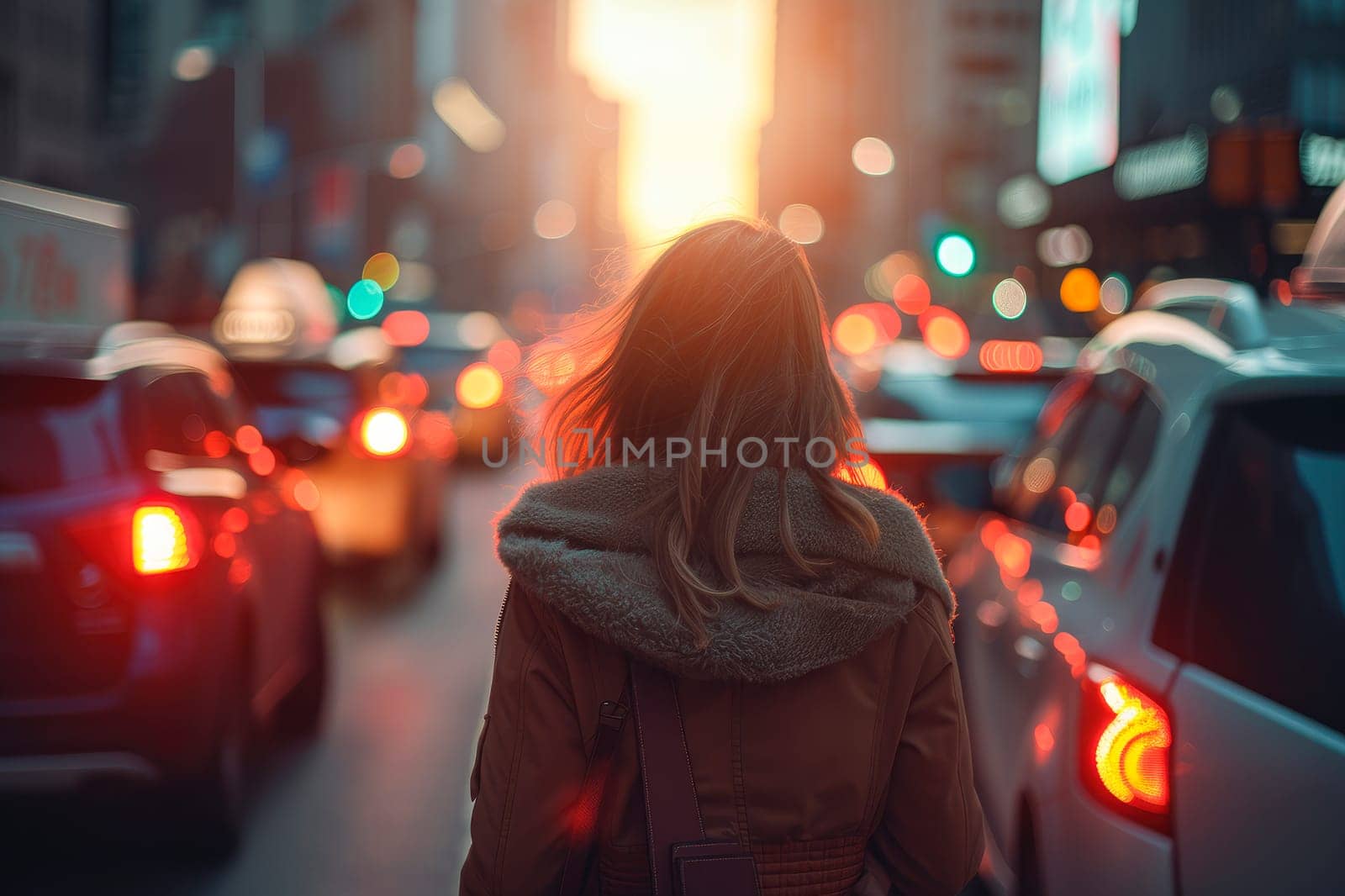 Rear view of a young woman walking among cars. Traffic jam, rush hour concept. AI generated