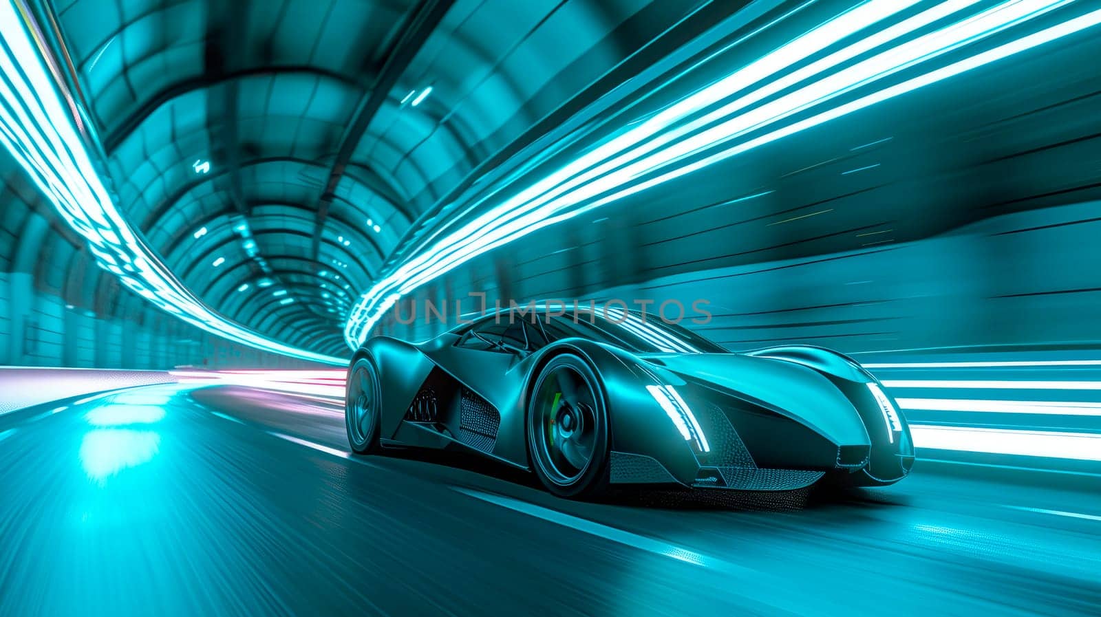 A futuristic sports car drives quickly through an abstract light tunnel. AI generated