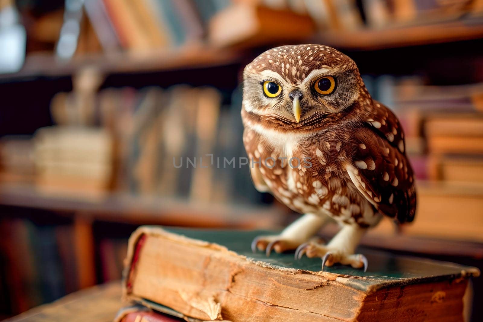 Cute owl and old books, wisdom and knowledge concept. Academic smart, clever and wisdom bird visualization. AI generated