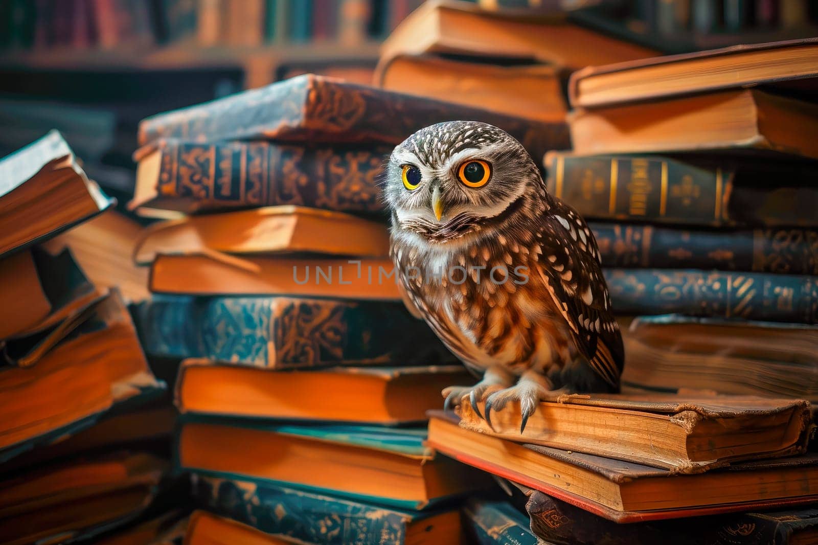 Cute owl and books, wisdom and knowledge concept. Academic smart, clever and wisdom bird visualization. AI generated
