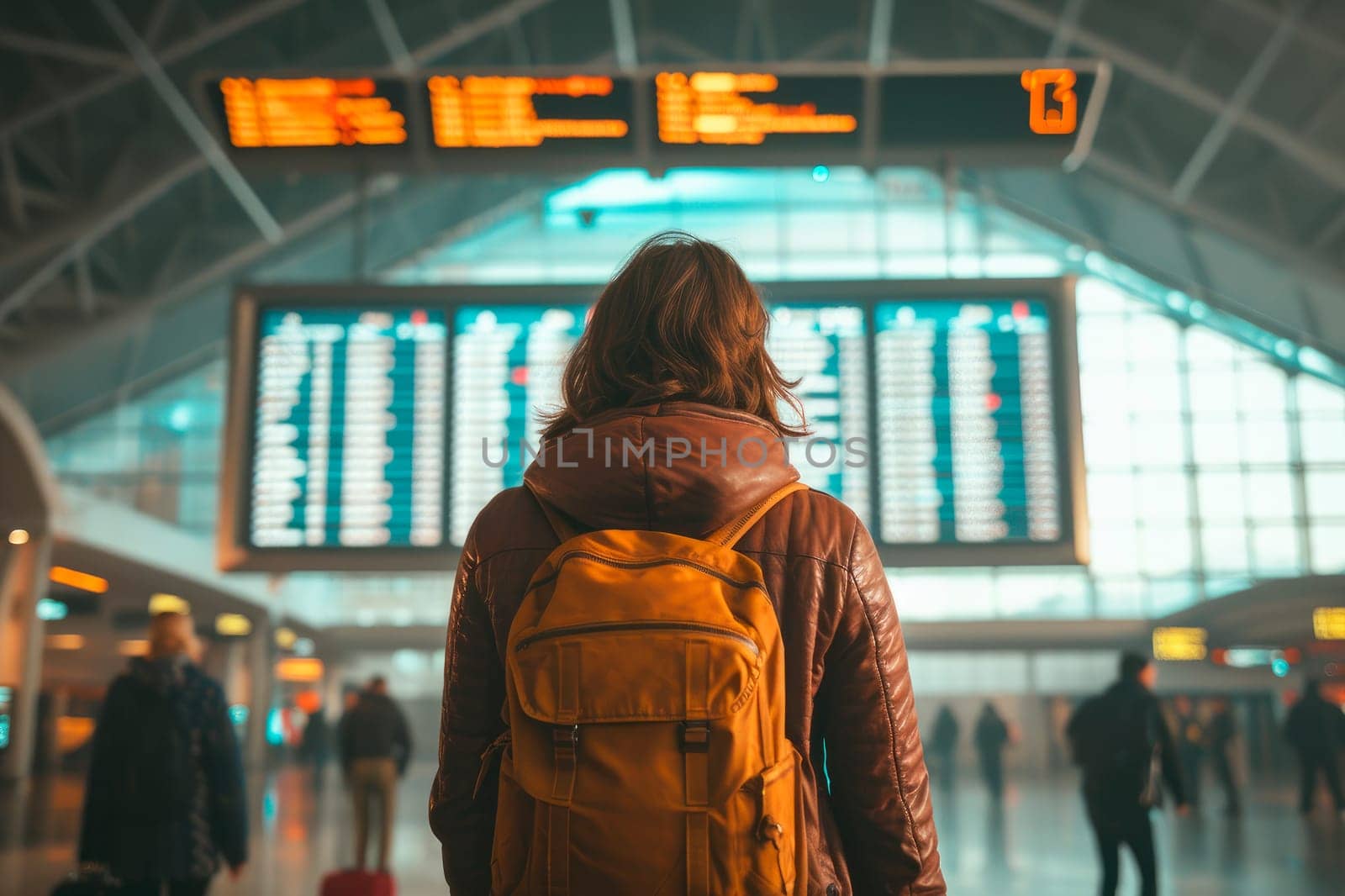 Rear view of a young  woman in international airport checking flight at the flight information board. AI generated