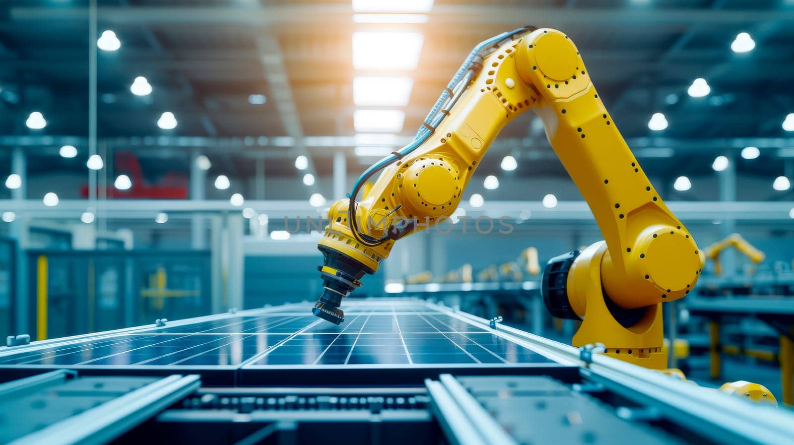 A photo of an yellow industrial robotic arm at production line at modern bright factory. Solar panels are being assembled on conveyor line. AI generated