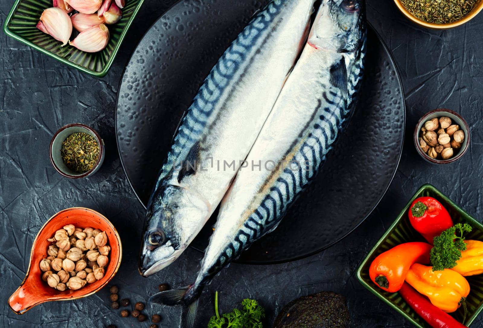 Fresh mackerels and ingredients on light gray table. Preparing mackerel fish to cook.