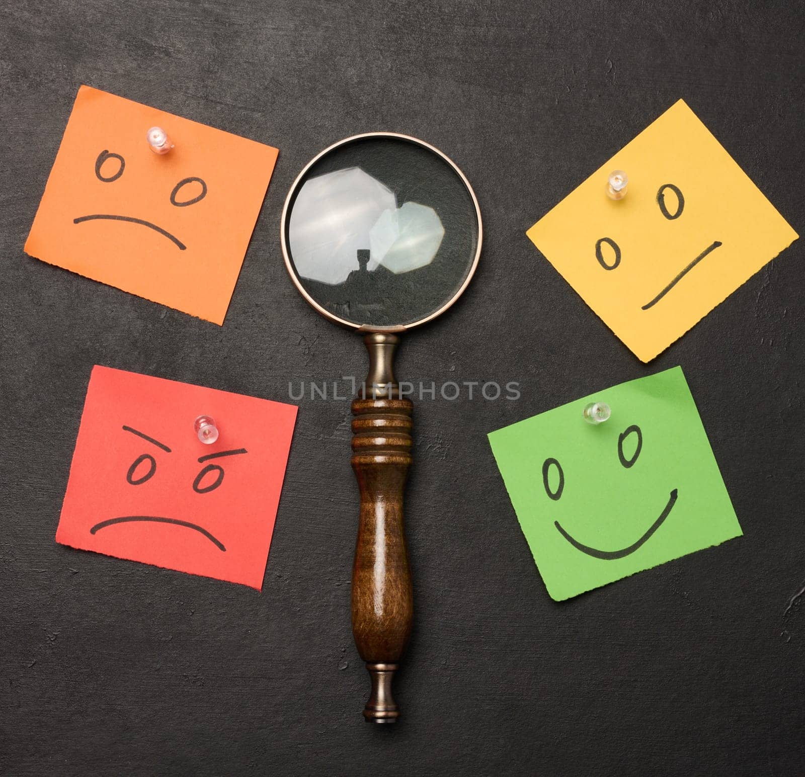 Drawn faces with different emotions on a sticker. Rating and quality assessment, black bacground