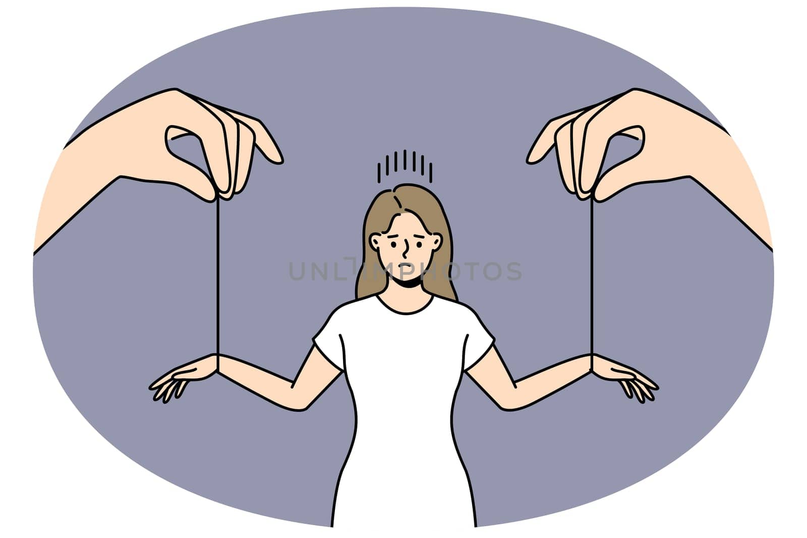 Huge hands with threads manipulate stressed woman. Unhappy female manipulated by boss or employer. Manipulation and leadership. Vector illustration.