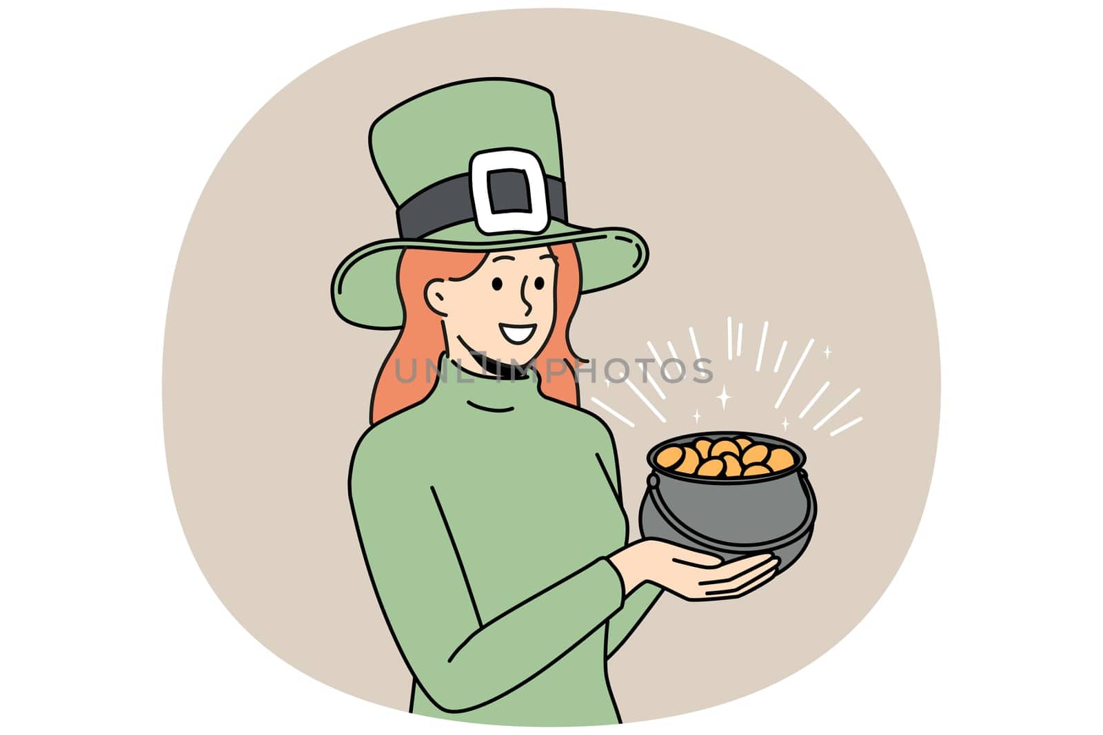 Smiling woman in green costume hold pot of gold. Happy girl follow irish traditions for saint Patrick day. Vector illustration.