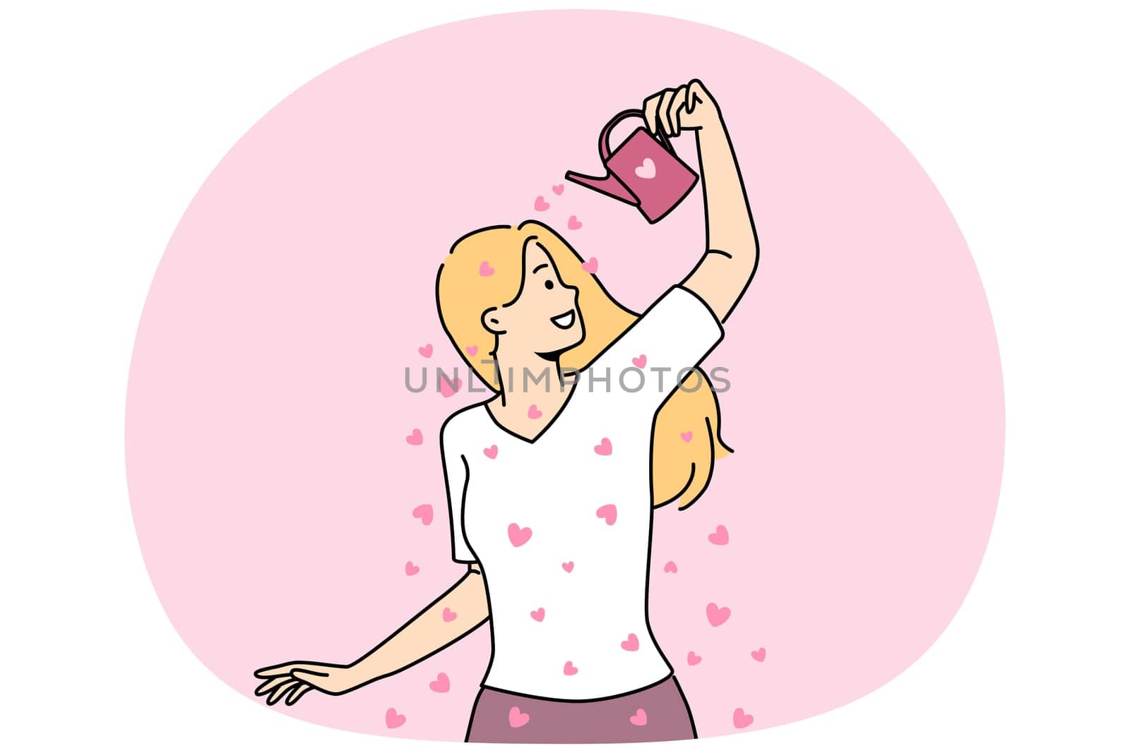 Woman with watering can pouring hearts on herself. Smiling girl feeling in love. Affection and relationships. Vector illustration.