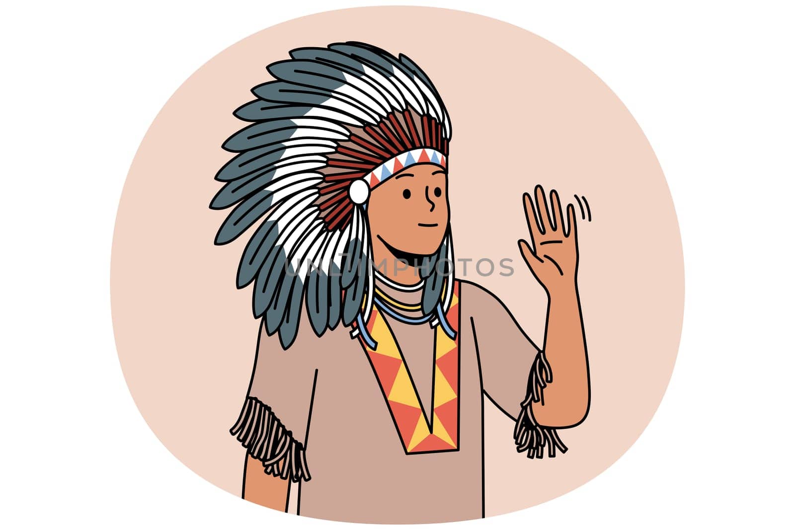 Indian man in traditional costume and headwear waving hello. Native american male in feather hat say greeting. Culture and tradition. Vector illustration.