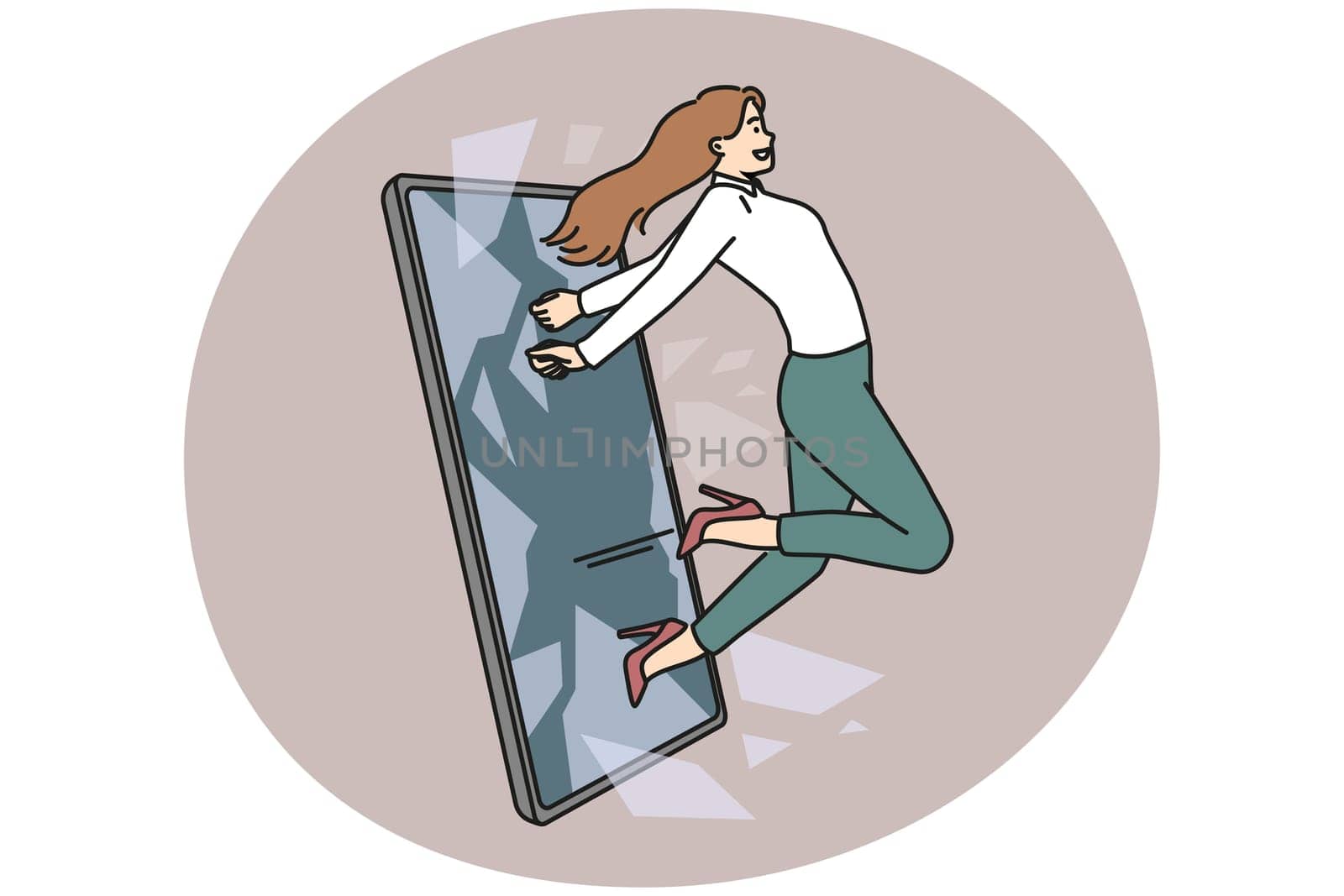 Confident businesswoman jump out of cellphone screen. Smiling woman go out of smartphone free from internet censorship and information. Vector illustration.