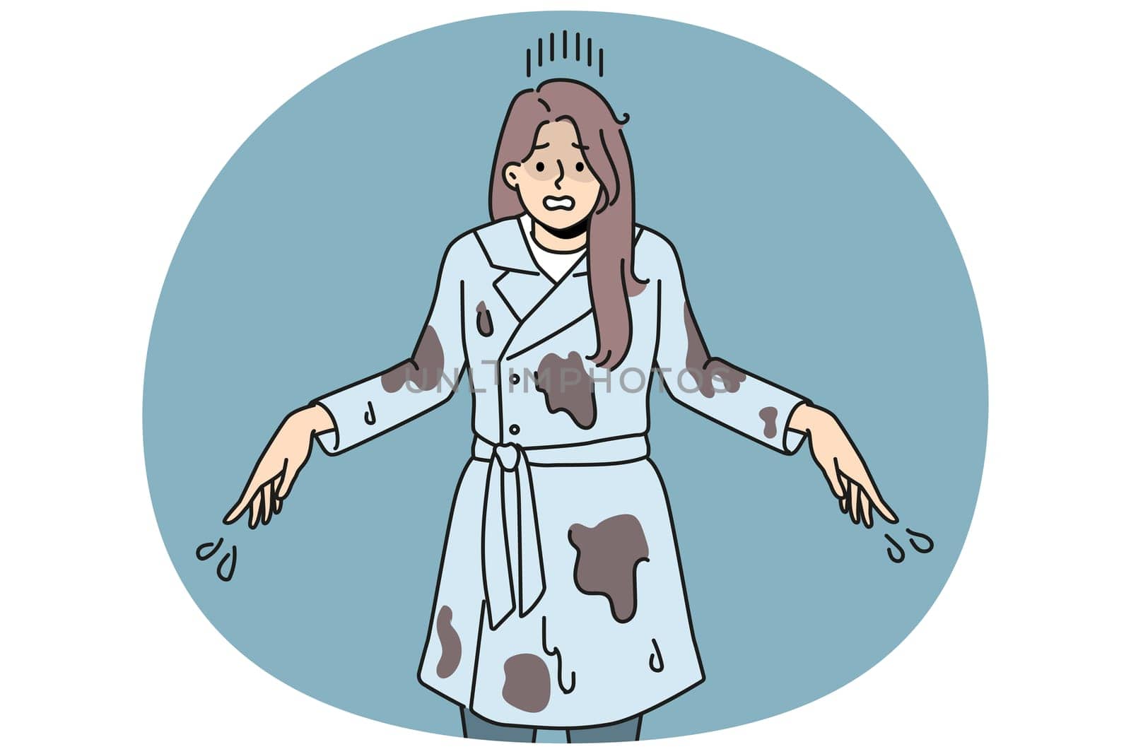 Stressed woman in dirt after fall in puddle. Unhappy distressed girl in dirty clothes suffer from falling in mud. Vector illustration.