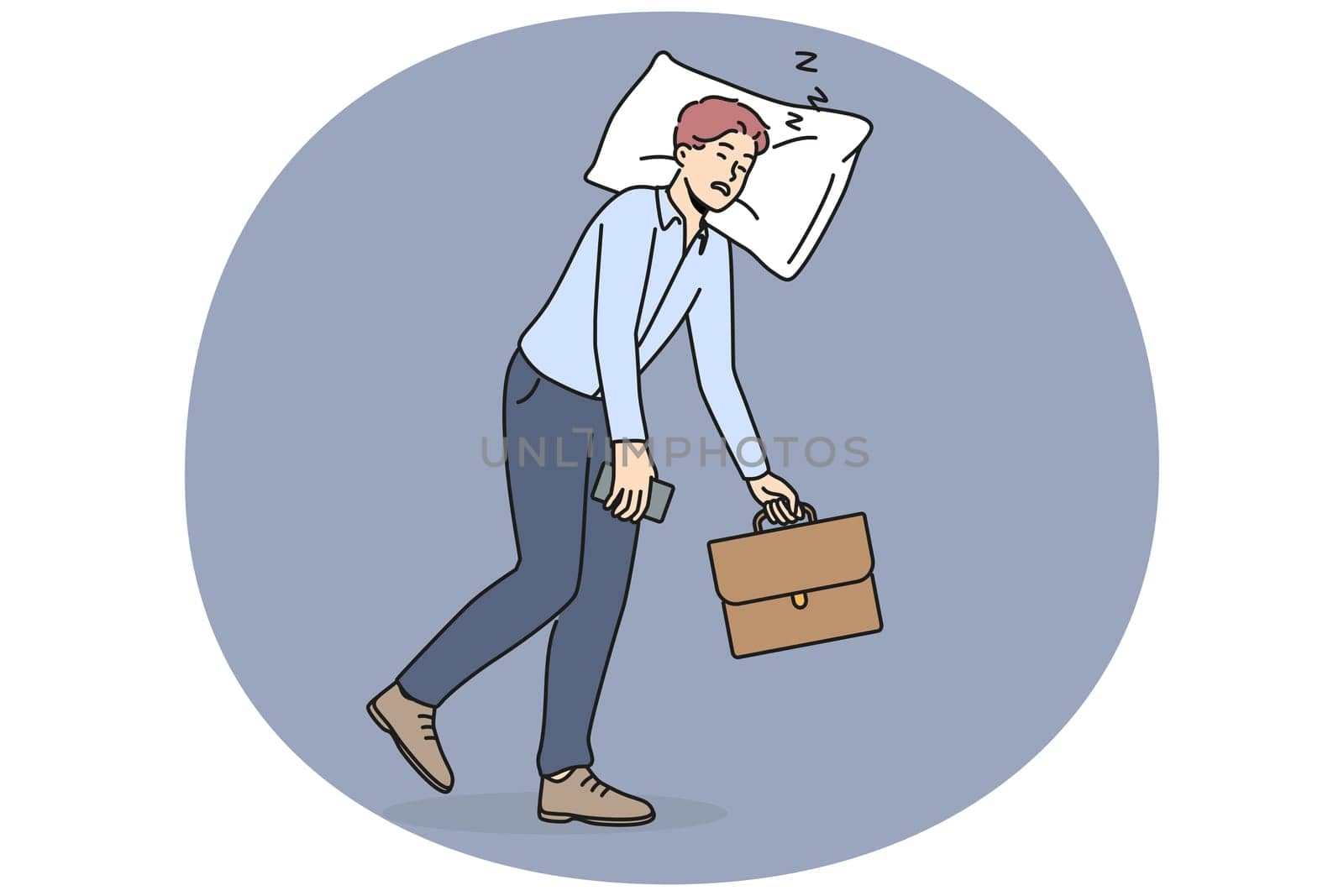 Tired businessman walk with head resting on pillow. Exhausted male employee suffer from fatigue and burnout. Vector illustration.