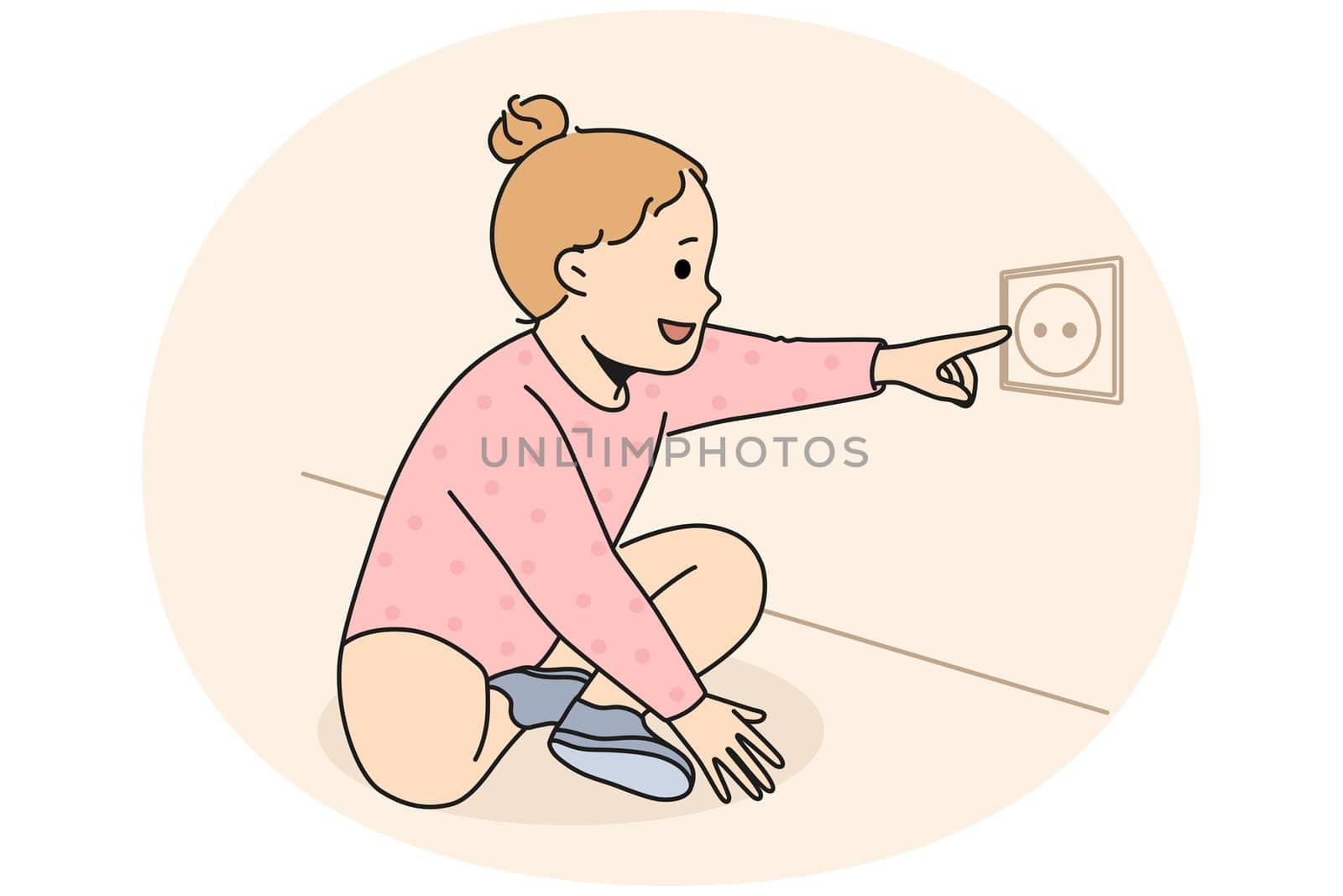 Happy cute girl child stretch finger to electrical socket at home. Smiling kid play with dangerous electricity outlet in apartment. Children and danger. Vector illustration.